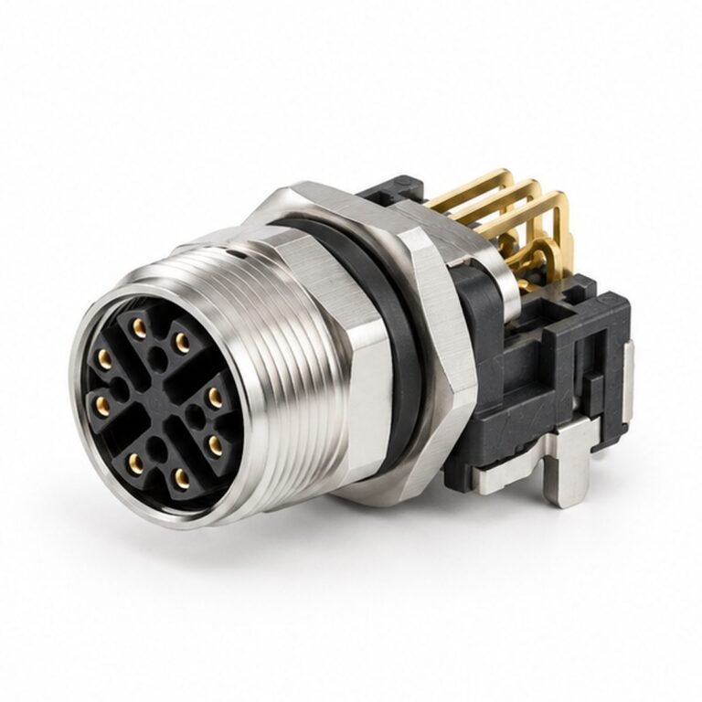 M12 X-Coded Female 90-Degree PCB Panel Receptacle